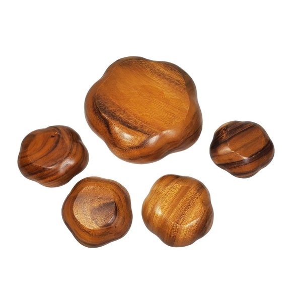 VTG MCM Teakwood Wood Flower Salad Bowl 5/pc Set Pasta Serving Fruit - Picture 5 of 5